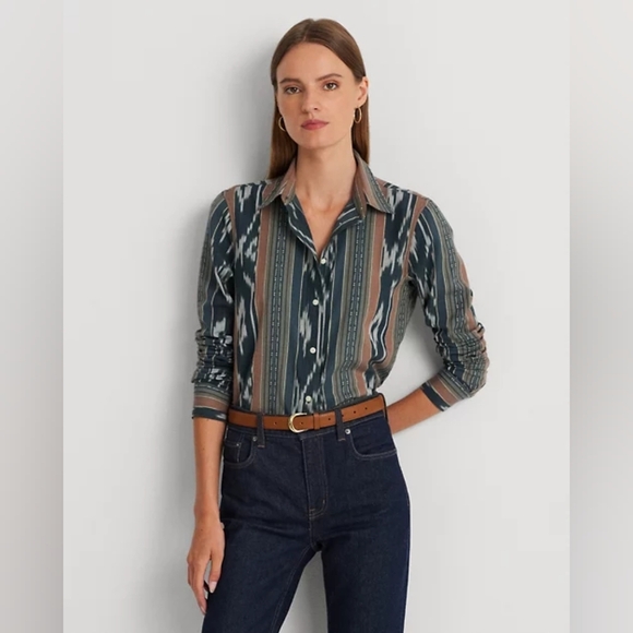 Lauren Ralph Lauren Tops - Ralph Lauren Geo-Stripe Cotton Button Shirt Featherweight Long Sleeve Sz M